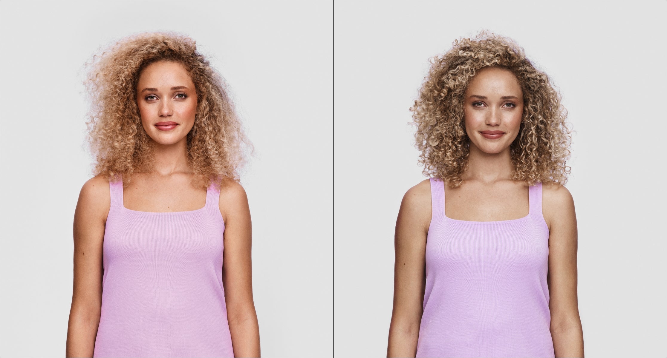 Before and after image of woman with blonde very curly hair wearing a purple tank top with frizzy hair on the left and defined curls on the right. 