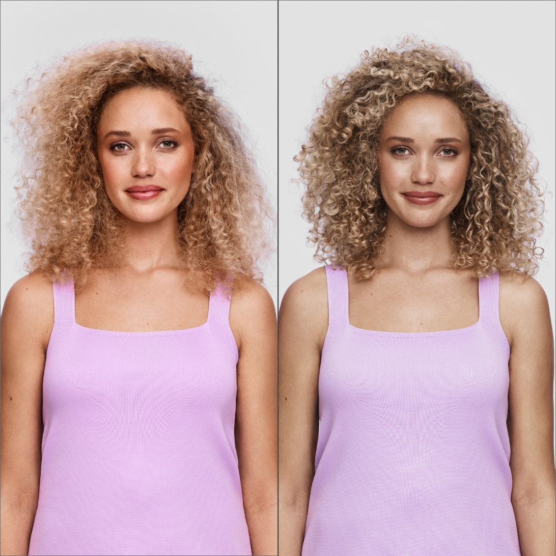 Before and after image of woman with blonde very curly hair wearing a purple tank top with frizzy hair on the left and defined curls on the right. 