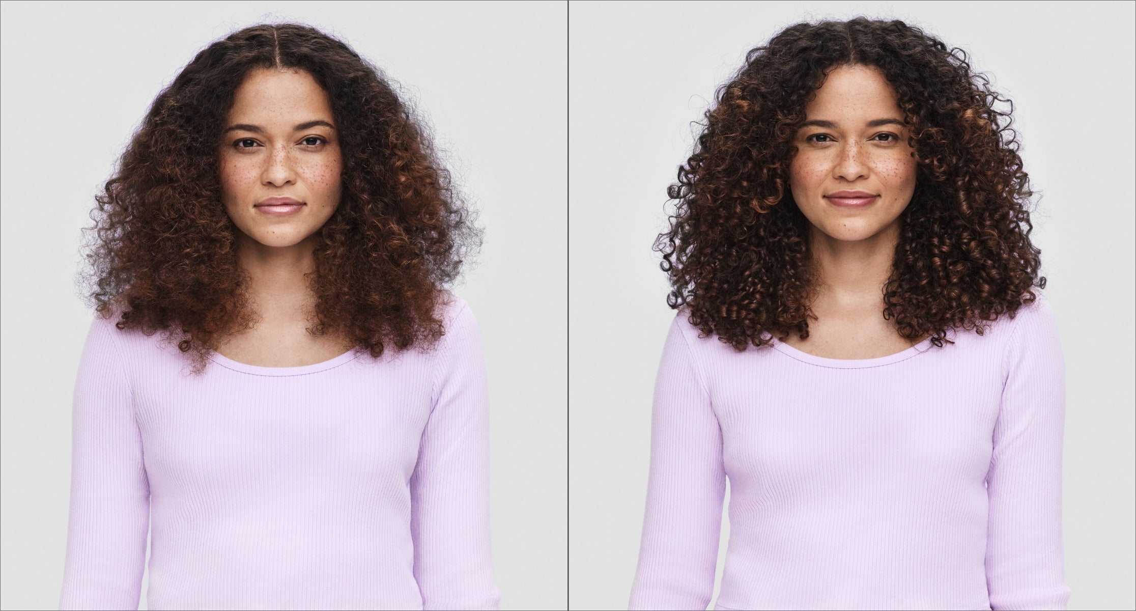 Before and after image of woman with brown, long curly hair wearing a purple long-sleeved shirt with frizzy hair on the left and defined curls on the right. 