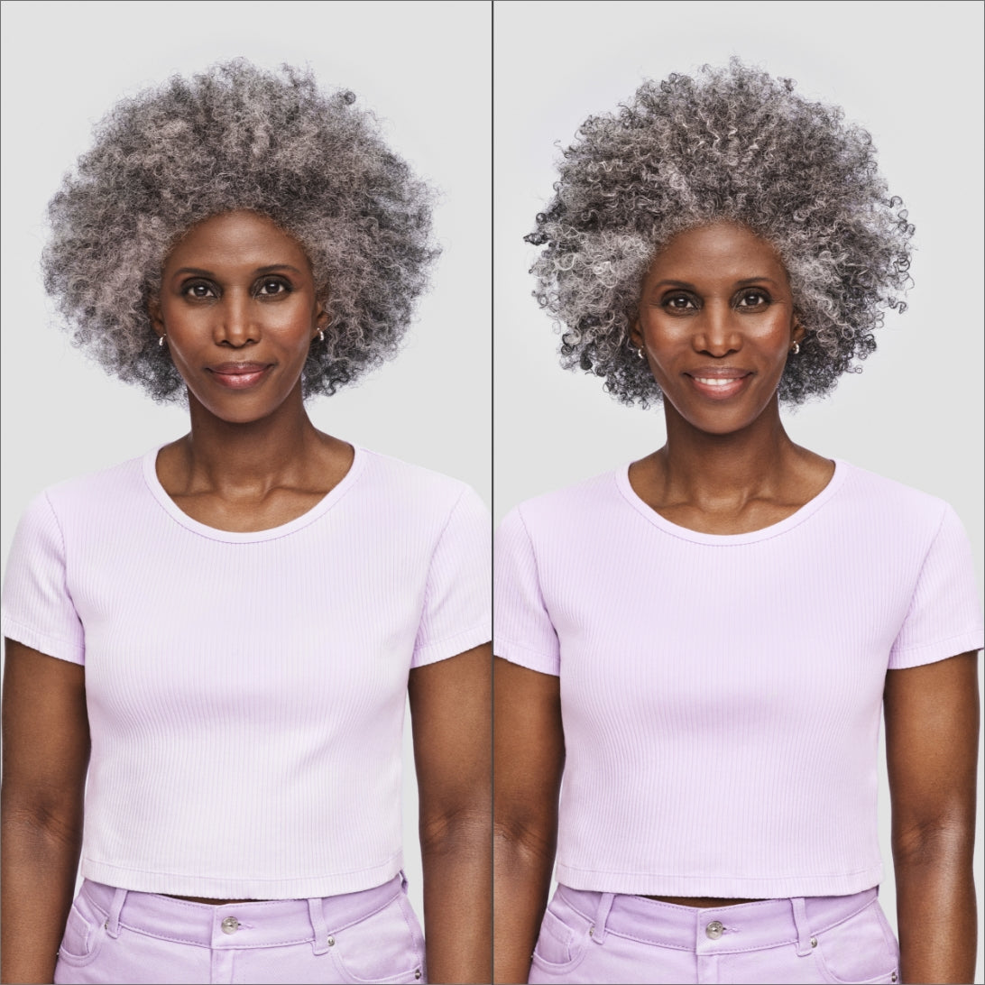 Before and after image of woman with grey very, curly hair wearing purple top with frizzy hair on the left and defined curls on the right. 