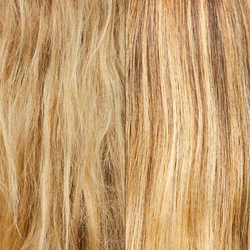 Close-up shot of blonde frizzy hair and smooth blonde hair. 