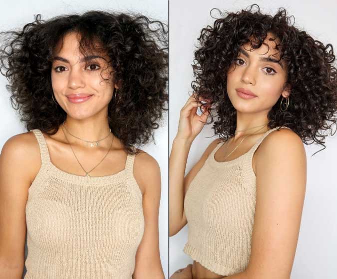 Before and after of a woman with short curly frizzy hair on the left and defined, glossy curls on the right