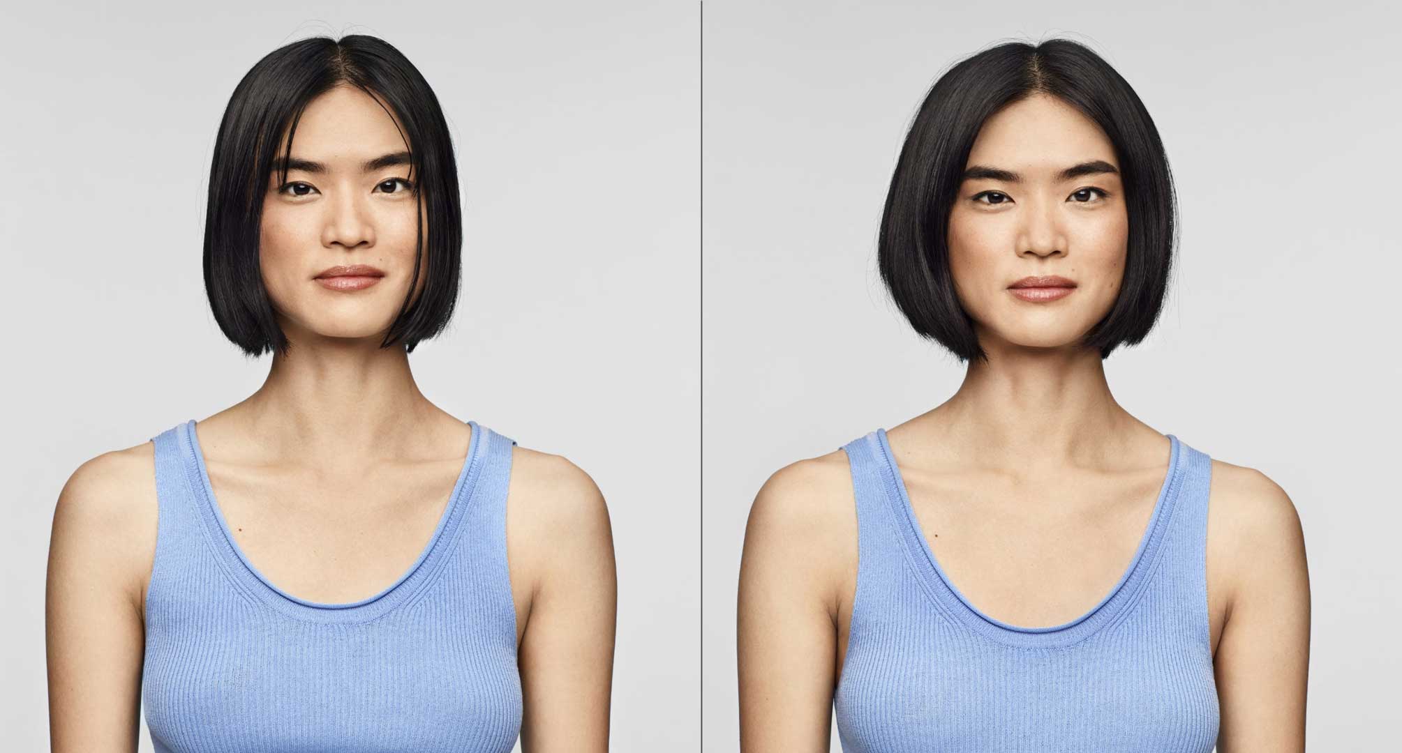 Before and after image of a woman with short, greasy black hair on the left and clean hair on the right. 