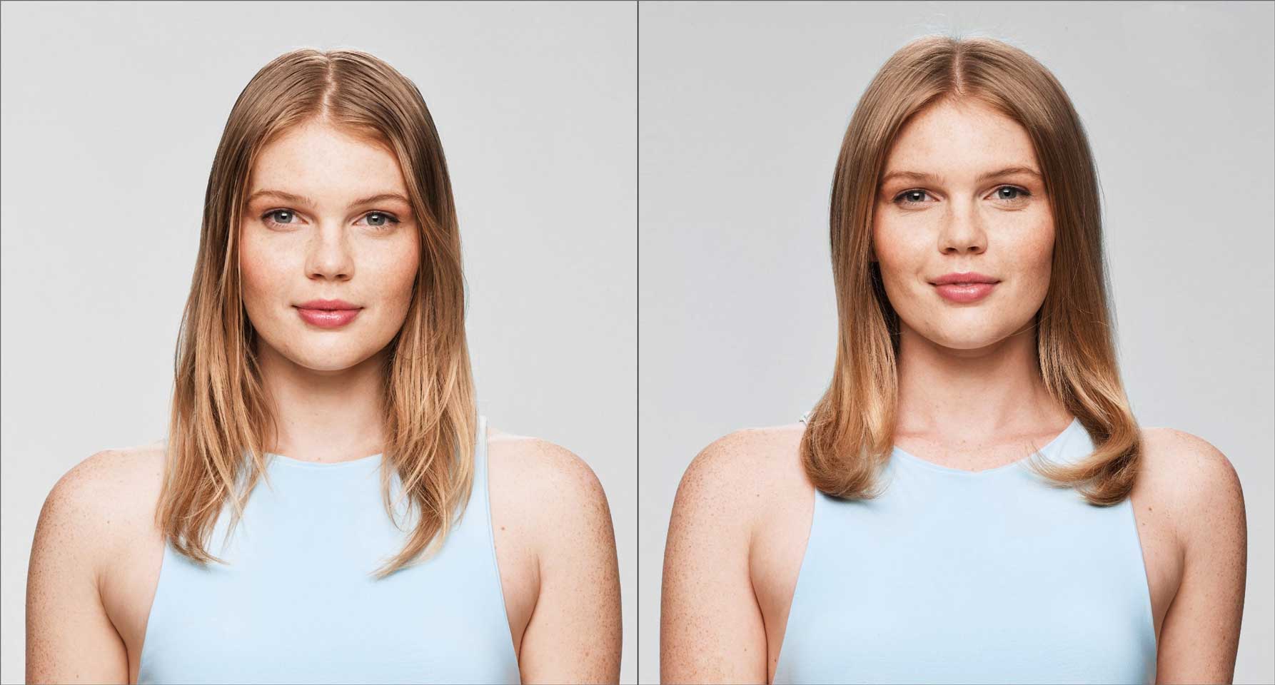 Before and after image of a woman with greasy blonde hair on the left and clean hair on the right. 