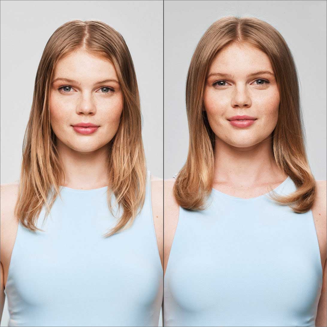 Before and after image of a woman with greasy blonde hair on the left and clean hair on the right. 